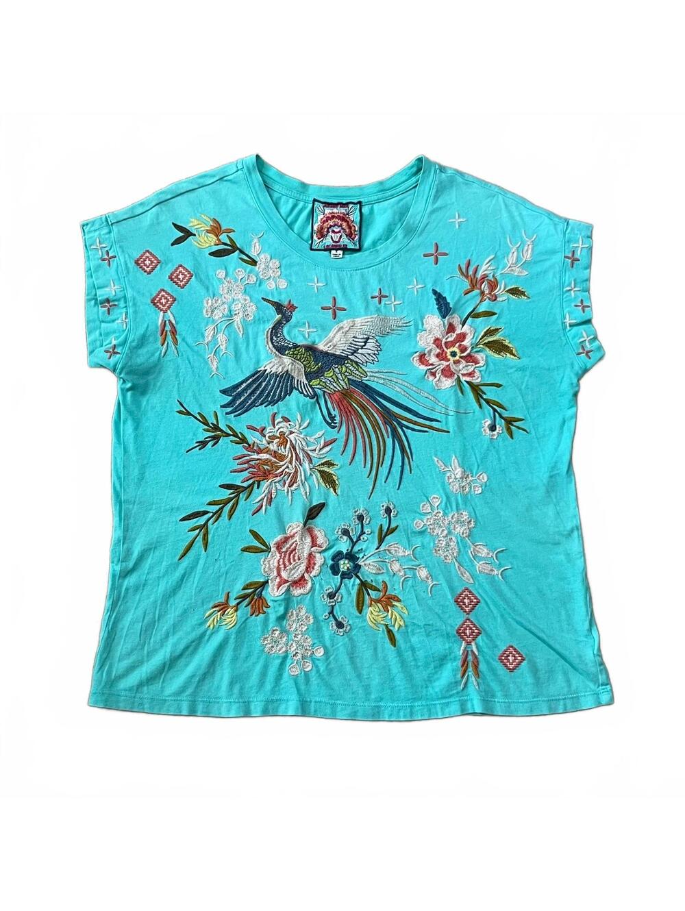 Johnny Was Colorful Embroidered Bird Floral Shirt Blue Size Small (flawed)